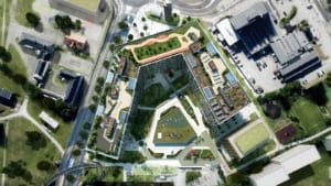 Illustrasjon av Økern Portal sett fra himmelen.